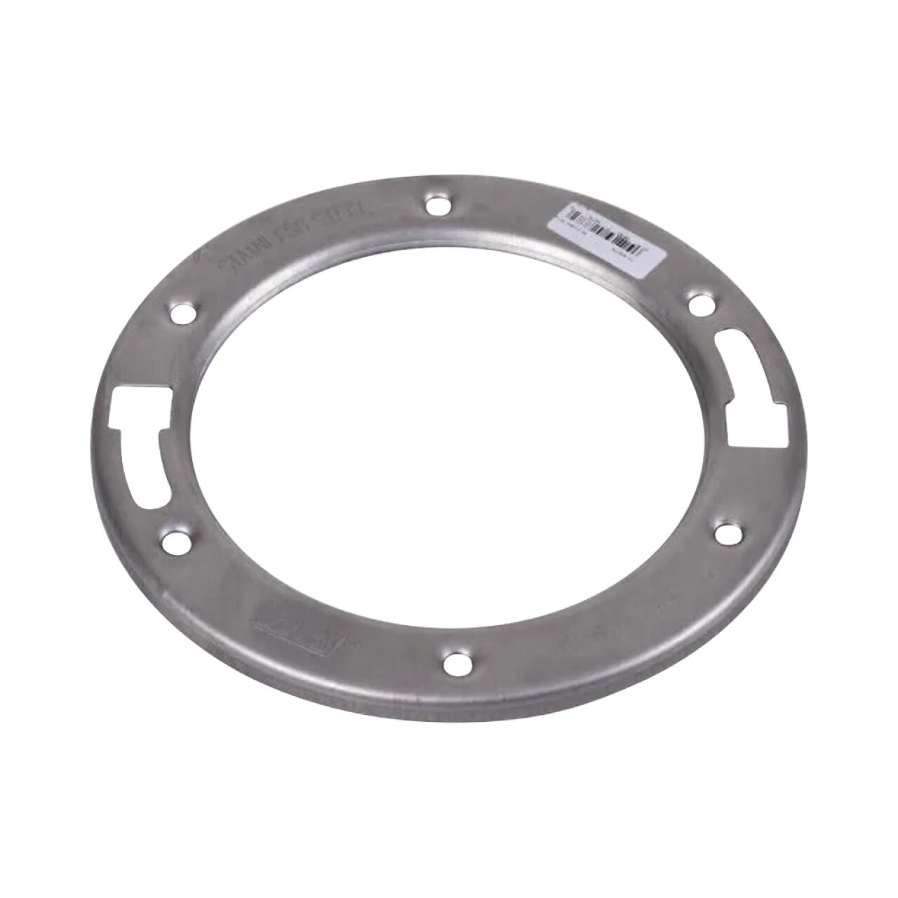 The Go Build 1/4 in. Stainless Steel Toilet Flange Replacement Ring features multiple holes and edge cutouts, with a barcode sticker on top, displayed against a white background. Brand: Go Build, The Fastest Way To Build.